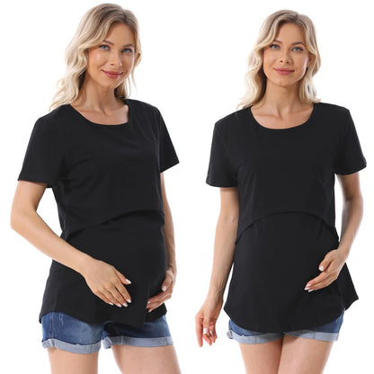 New Fashion Maternity Casual Wear Maternity Short Sleeve Solid Color Breastfeeding Top T-Shirt Pregnancy Womens Clothing Mom Tee