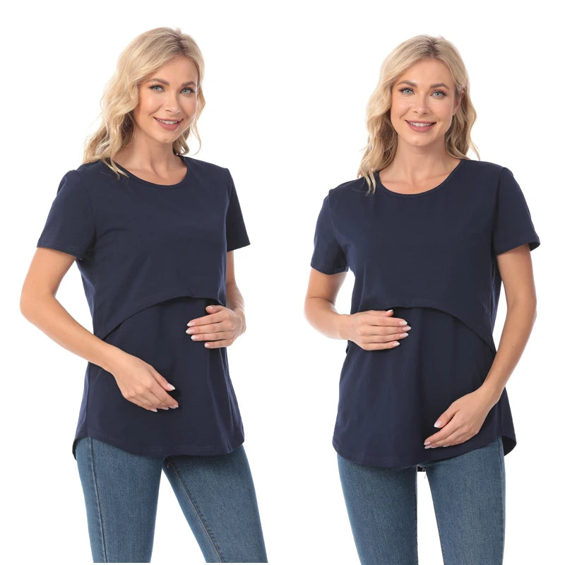 New Fashion Maternity Casual Wear Maternity Short Sleeve Solid Color Breastfeeding Top T-Shirt Pregnancy Womens Clothing Mom Tee